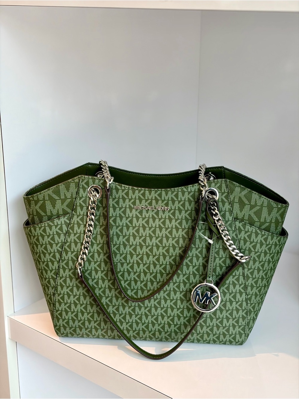 Michael Kors Olive Green MK Signature Chain-Accent Tote Shoulder Bag